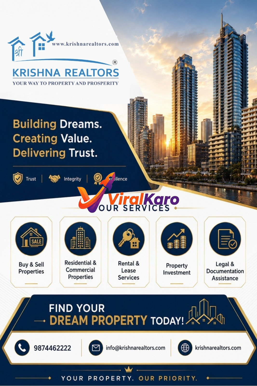 Professional advertisement banner for Krishna Realtors featuring high-rise buildings at sunset, listing services like property buying, selling, and leasing with contact information.
