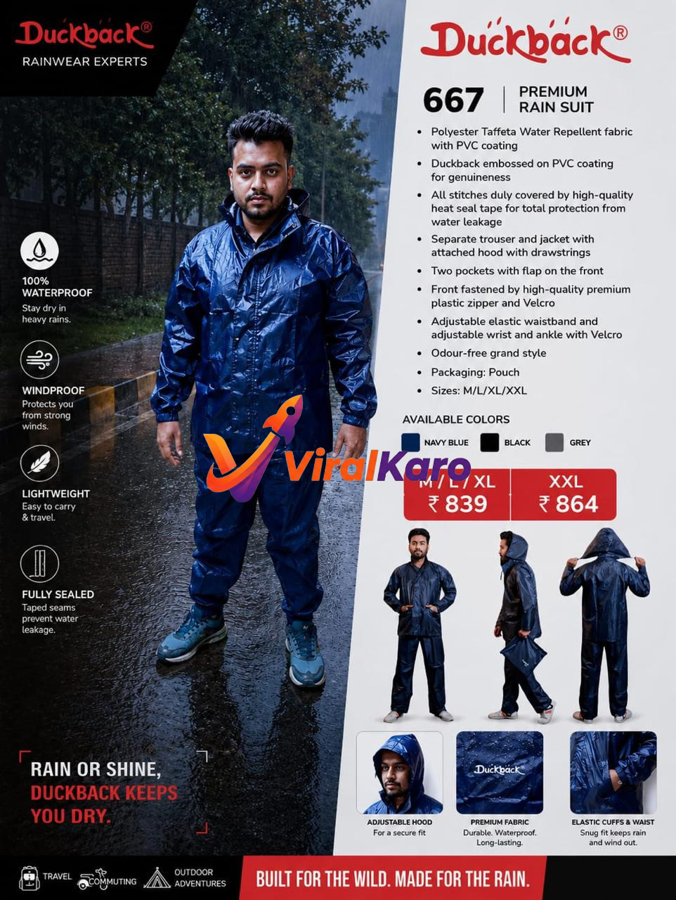A man wearing a blue Duckback 667 waterproof rain suit in the rain, featuring a product information overlay with price details, available colors, and technical specifications.