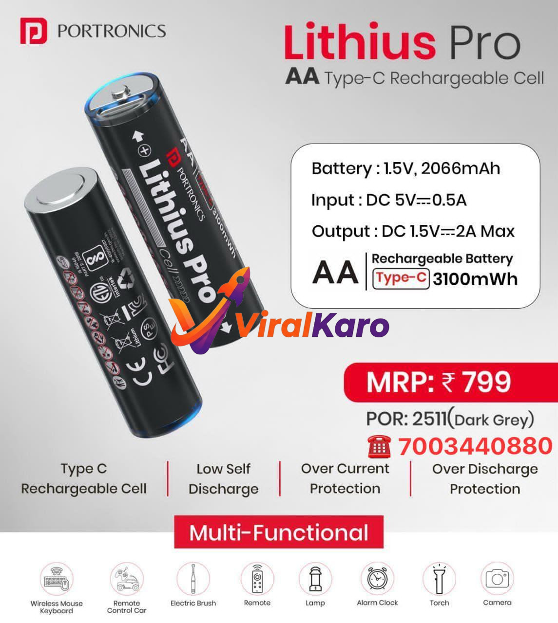 Portronics Lithius Pro AA Type-C Rechargeable Battery