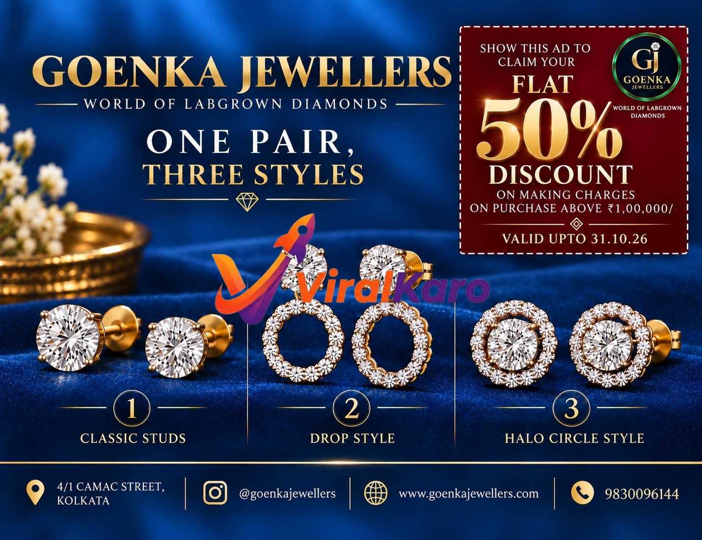 An advertisement for Goenka Jewellers showcasing three different styles of lab-grown diamond earrings on a blue velvet background with text detailing a 50% discount offer.