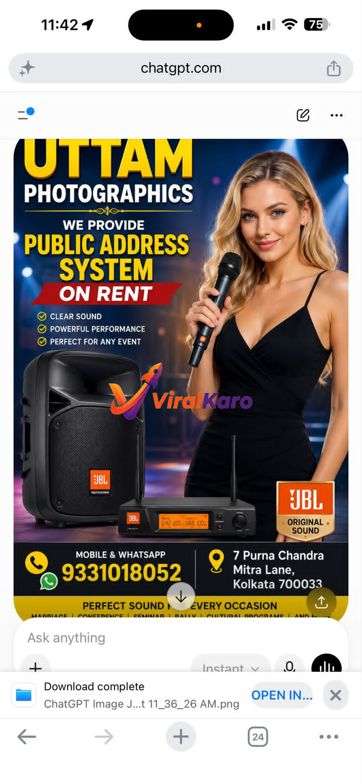 Professional JBL public address sound system with microphone available for rent by Uttam Photographics in Kolkata.