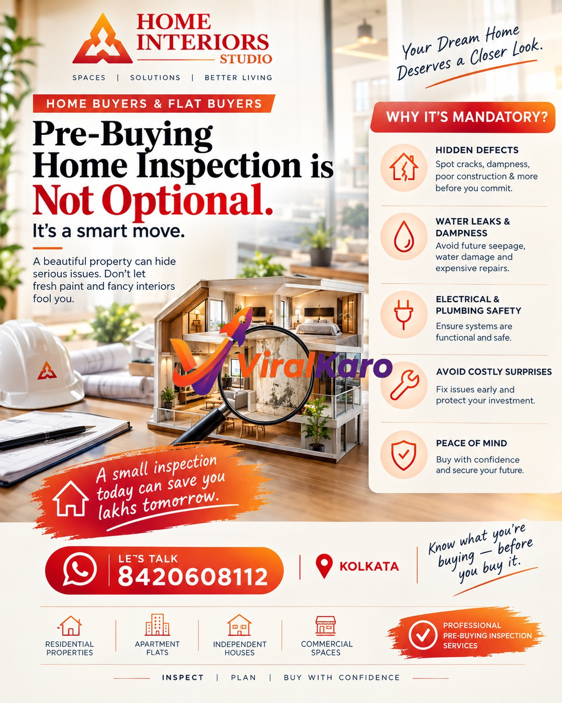 A professional home inspection services advertisement featuring a magnifying glass over a house model, highlighting the importance of inspecting homes in Kolkata before buying to avoid hidden damages.
