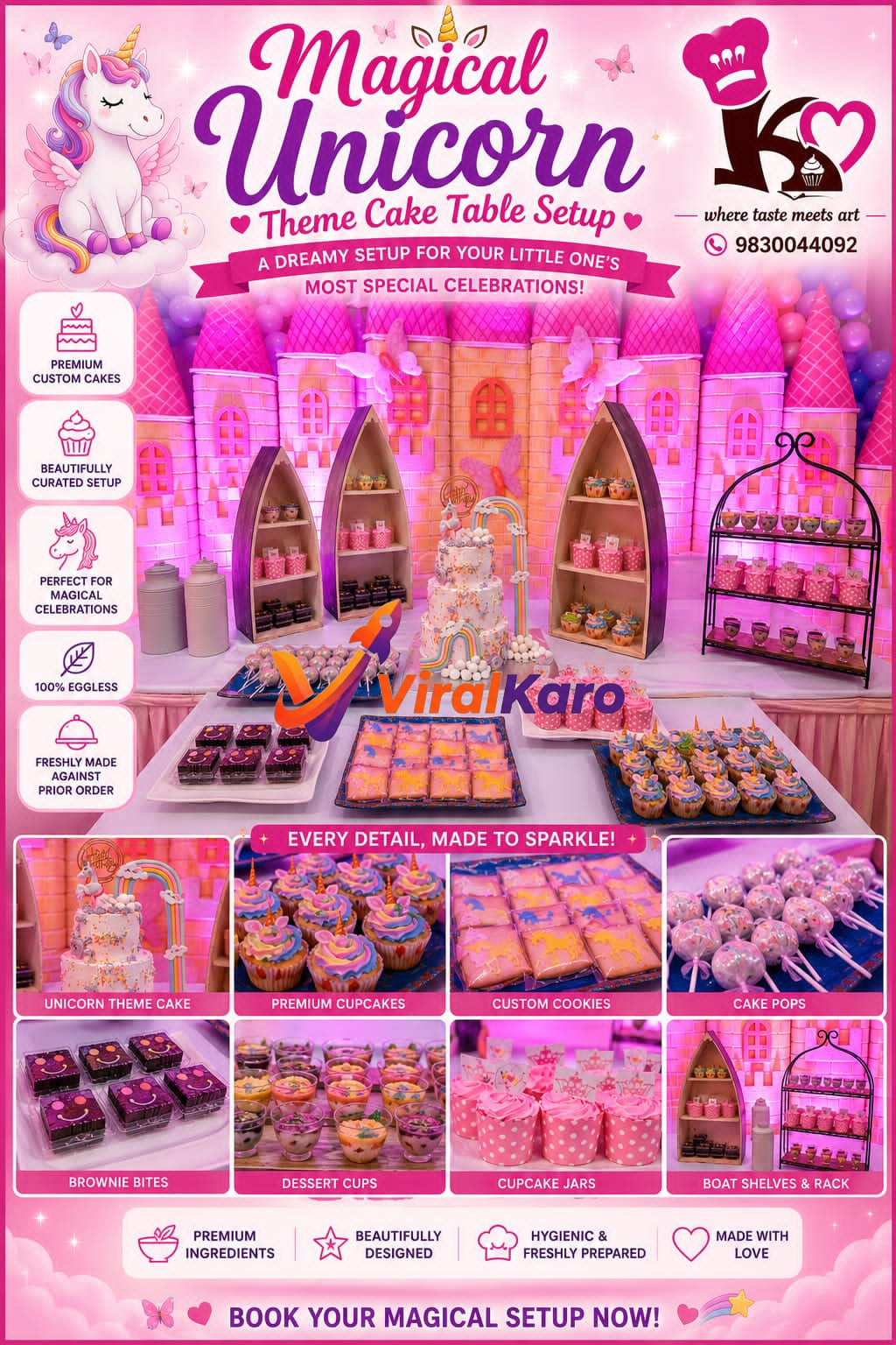 A beautiful Unicorn theme birthday cake table setup featuring a decorated cake, unicorn cupcakes, custom cookies, brownie bites, and dessert jars, all set against a castle-themed backdrop.