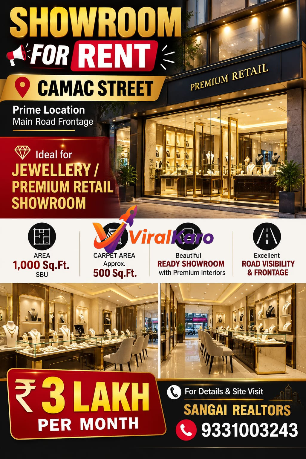 Modern luxury jewellery showroom interior for rent on Camac Street, Kolkata, featuring glass displays and premium lighting.