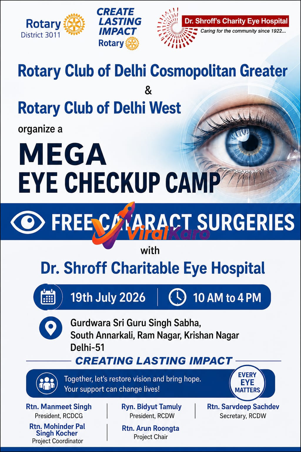 Flyer for a Mega Eye Checkup Camp organized by Rotary Club of Delhi and Dr. Shroff's Charity Eye Hospital, featuring date, time, and location details.