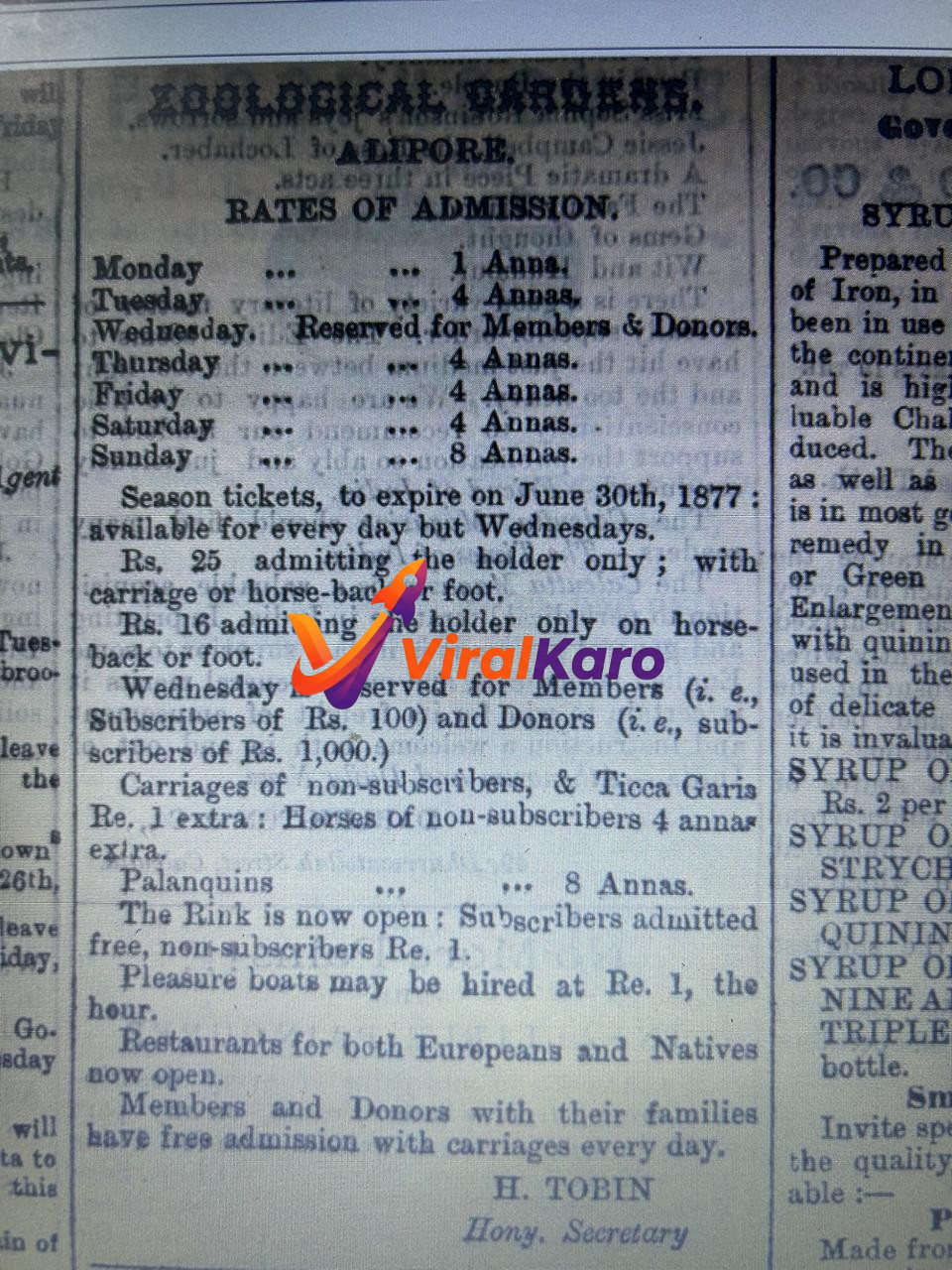 A vintage 1877 newspaper advertisement showing the admission rates, membership details, and rules for the Alipore Zoological Gardens in Alipore, Kolkata.
